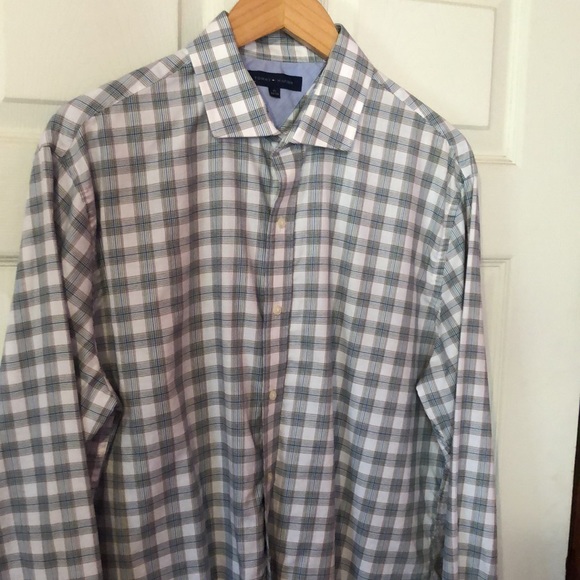 Tommy Hilfiger White Green Blue Purple Graph Plaid Dress Shirt Mens 17 34-35 - Picture 3 of 12